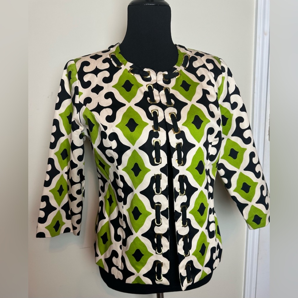 Susan Bristol Blue/Green Ikat Print 3/4 Sleeve Blazer Sz M